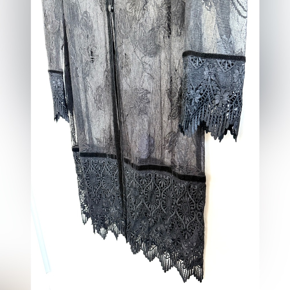 Sue Wong Nocturne Vintage 90s Black Lace Cardigan Jacket Coat Velvet Trim Sz M - Picture 6 of 13